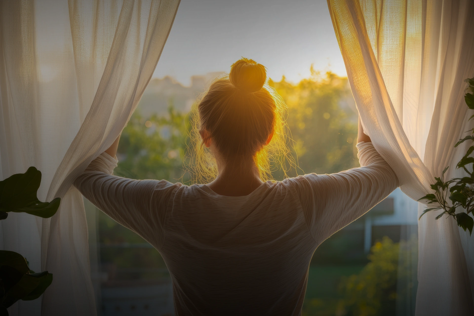 Kvinna öppnar gardinerna i morgonljuset med känsla av harmoni